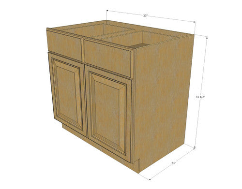 Classic Oak Large Base Cabinet with Double Doors & Two Drawers - 33 Inch Width