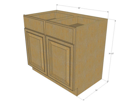 Classic Oak Large Base Cabinet with Double Doors & Two Drawers - 36 Inch Width